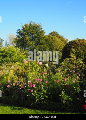 Chenies Manor Garden Staudenbeet im September Kosmos angezeigt. Dahlien in rosa Farbtönen mit Sorten von Pflanzen und Bäumen im Hintergrund. Stockfoto