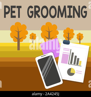 Schreiben Hinweis Übersicht Pet Grooming. Business Konzept für hygienische Versorgung und verbessern das Aussehen der Haustiere Layout Smartphone Haftnotizen mit Pie Stockfoto