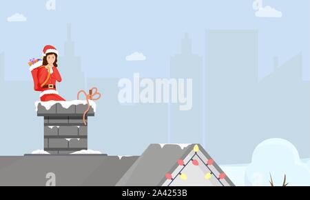 Weihnachtsgeschenke Lieferung Vector Illustration. Weibliche Santa Claus kostüm Klettern in Schornstein cartoon Charakter. Winterurlaub Stimmung, Xmas Geist, Neues Jahr überraschen, Kinder Geschenke Beutel Stock Vektor