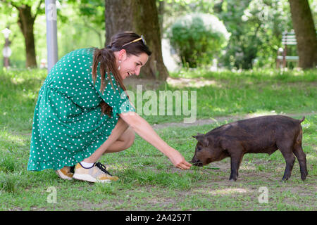 Mädchen Feeds ein kleines Schwein. in einer grünen Wiese. Das Konzept der Nachhaltigkeit, der Liebe zur Natur, die Achtung für den Frieden und die Liebe zu Tieren. Ökologische Stockfoto