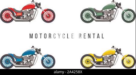Motorrad Verleih Service banner flache Vorlage. Mit zwei Rädern transport Arten, Kraftfahrzeuge Vektorgrafiken. Motorrad Verleih Plakat, Flyer, Plakat design Layout Stock Vektor