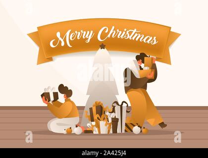 Weihnachten Geschenke flachbild Vektor banner Vorlage. Cartoon Menschen glücklich mit präsentiert in der Nähe Tanne. Frohe Weihnachten wünschen Schriftzüge auf Gold Ribbon für Dezember urlaub Grußkarte, Postkarte design Stock Vektor