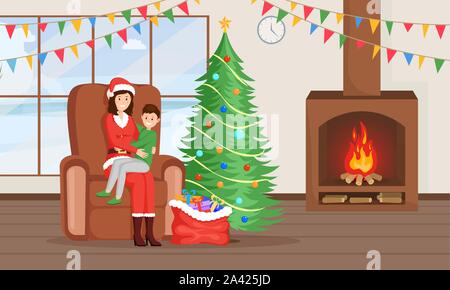 Weihnachten, Neujahr Traditionen Vector Illustration. Weibliche Santa Claus Kostüm, froh, junge warten vorhanden Zeichentrickfiguren. Winterurlaub Stimmung, Tannenbaum, Geschenke Sack, Kind Stock Vektor
