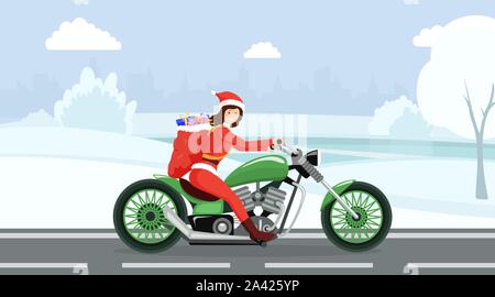 Weihnachten Geschenk Lieferung Vector Illustration. Frau in Santa Claus Kostüm reiten Motorrad flachbild Charakter. Frau mit Geschenken, Winterurlaub, Weihnachten, Neues Jahr Stimmung Stock Vektor