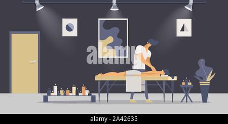 Entspannende Massage therapie Flachbild Vektorgrafiken. Junge professionelle Masseur und Kunde in Zimmer mit Kerzen Zeichentrickfiguren. Therapeutische Körperpflege Verfahren, Aromatherapie, Spa Center Service Stock Vektor