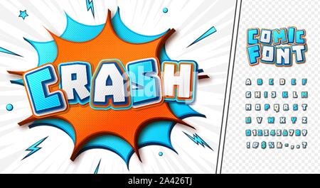 3d cartoon Alphabet in Comics und Pop Art Stil. Bunte Buchstaben, Zahlen mit Streifenmuster, Halbton Wirkung. Lustige Font für die Dekoration comics Boo Stock Vektor