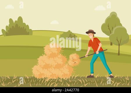 Bauer arbeiten an Hayfield flachbild Abbildung. Junge Rancher sammeln Heuhaufen mit Pitchfork cartoon Charakter. Landwirtschaft Ernte, harte körperliche Arbeit für starke männliche Arbeitnehmer Stock Vektor