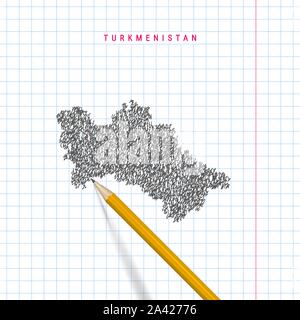 Turkmenistan Skizze scribble Karte auf karierten Schule notebook Papier Hintergrund dargestellt. Hand Vektor Karte von Turkmenistan gezeichnet. Realistische 3D-Bleistift. Stock Vektor