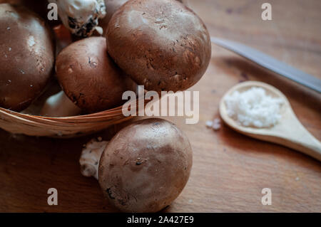 Braun Paris oder Portobello Pilze auf einem Holztisch mit einem Messer und Löffel aus Holz mit Salz. Stockfoto