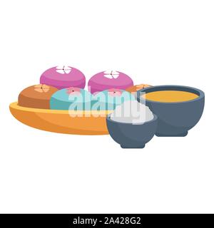 Tee Becher und Schüssel mit Mooncakes, flache Bauform Stock Vektor