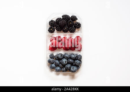 Flatlay Gruppe von frischen Heidelbeeren, Himbeeren und Brombeeren in einem transparenten Kunststoff Behälter in einem weißen Hintergrund von oben gesehen isoliert Stockfoto