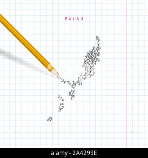 Palau Skizze scribble Karte auf karierten Schule notebook Papier Hintergrund dargestellt. Hand Vektorkarte von Palau. Realistische 3D-Bleistift. Stock Vektor