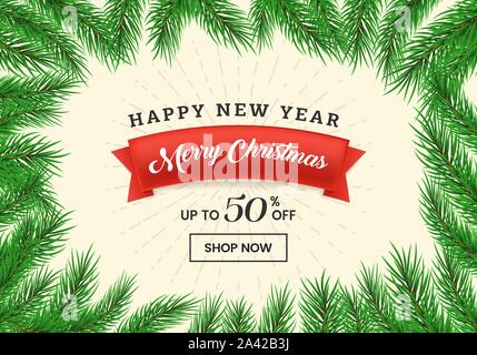 Winter verkauf Flachbild landing page Template. Red Ribbon mit Frohe Weihnachten Schriftzug in realistischen Fir Tree Branches. Neues Jahr, Dezember Feiertage 50 Prozent Rabatt bieten Webseiten Design Layout Stock Vektor