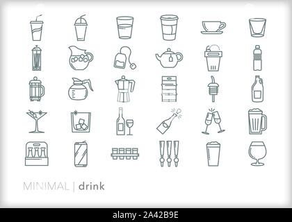 Set von 30 trinken Zeile für Symbole von Limo, Kaffee, Tee, Wasser, Limonade, Trinken, Bier, Cocktails, Wein und Champagner Stock Vektor