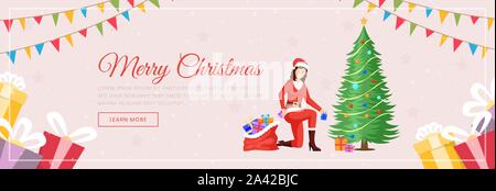 Xmas landing page Vektor Vorlage. Weibliche Santa Claus Kostüm mit Geschenk Sack und dekoriert Tannenbaum flachbild Charakter. Weihnachten Winter Urlaub präsentiert store Web Banner Layout Stock Vektor