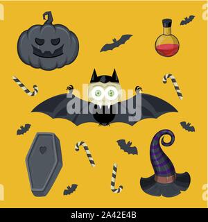 Halloween eingestellt. Dracula, Süßigkeiten, Kürbis, Hexenhut, Sarg und Grab. Stock Vektor