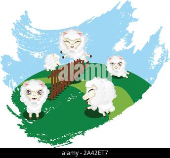 Nette lustige Schafe Sprung über einen Zaun auf die grüne Wiese. Stock Vektor