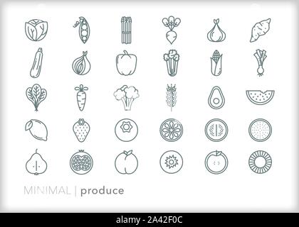 Set von 30 Zeile für Symbole Produzieren von Obst und Gemüse aus der Bauernmarkt oder Lebensmittelgeschäft Stock Vektor