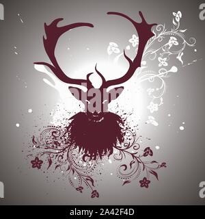 Grunge Stilisierte Hirsche mit großen geweihen und Blumen, abstrakte Darstellung. Stock Vektor