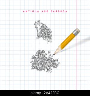 Antigua und Barbuda Skizze scribble Karte auf karierten Schule notebook Papier Hintergrund dargestellt. Hand Vektorkarte von Antigua und Barbuda. Stock Vektor