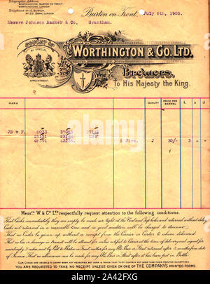 1905 ein Worthington Brauerei Briefkopf/billhead (Burton on Trent, England, sie waren Brauereien um die königliche Familie. (Gegründet 1761) Stockfoto