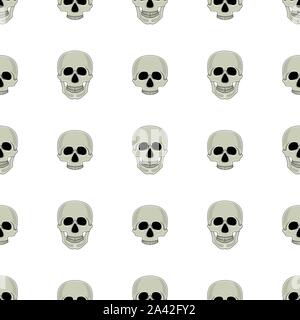 Nahtlose Muster mit dem Schädel auf weißem Hintergrund. Cartoon menschlicher Schädel mit Unterkiefer. Vector Illustration für Design, Web, Geschenkpapier, Stoff. Stock Vektor