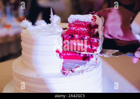 Close-up Lecker große appetitlich frischen Stück von geschichteten Keks-kuchen abgedeckt durch weiße Sahne Puderzucker. Schönen Dessert Lebensmittel für Bankett Eve steht für: Stockfoto