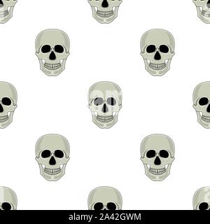 Nahtlose Muster mit dem Schädel auf weißem Hintergrund. Cartoon menschlicher Schädel mit Unterkiefer. Vector Illustration für Design, Web, Geschenkpapier, Stoff. Stock Vektor
