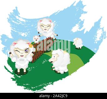 Nette lustige Schafe Sprung über einen Zaun auf die grüne Wiese. Stock Vektor