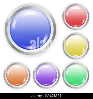Der Vektor realistischen Farben Kunststoff Knopf mit Patch von Licht und Metallrahmen auf weißem Hintergrund. 3D-Darstellung. Stock Vektor