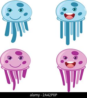 Cute cartoon blau und rosa Quallen auf weißem Hintergrund. Stock Vektor