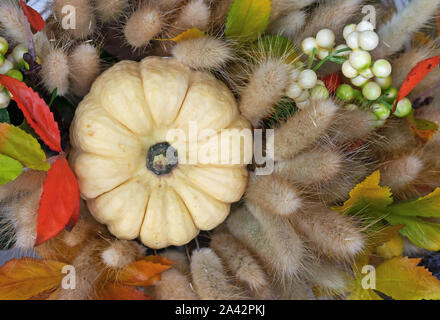 Herbst Komposition mit kleiner Kürbis, Blätter und ährchen. Stockfoto