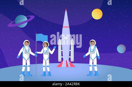 Die Erforschung des Weltraums, expedition Flachbild Vector Illustration. Junge Astronauten mit Fahne, Menschen in druckklagen Zeichentrickfiguren. Kosmonauten auf dem Planeten Oberfläche, galaxy Entdecker, interstellare Reisen Stock Vektor