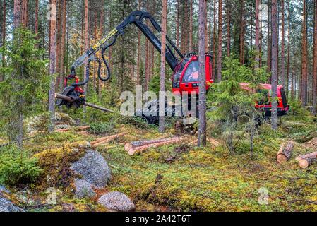 Riesige Komatsu Holz Harvester im Wald arbeiten, Zentral-Finnland Stockfoto