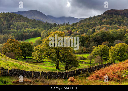 Elterwater Dorf, Great Langdale Valley, Lake District National Park, Cumbria, England, UK gb Stockfoto