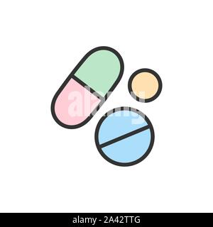 Vektor medizinische Pillen, Gesundheit tablet, Droge flachbild Color Line Symbol. Stock Vektor