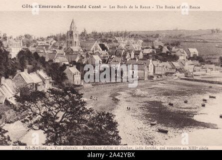 Schwarze und weiße Postkarte von Cote d'Emeraude Les Bords de la Rance - am Ufer der Rance-St Suliac. Emerald Coast 1900. Stockfoto