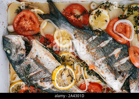 Gebratene Dorade mit Zitronen, Tomaten und Thymian Stockfoto