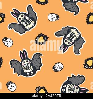 Die nahtlose Vektor Tag der Toten Volkskunst Muster mit Hand gezeichnete Fledermaus Bunny, Zucker Scull, burning heart. Lustig und fröhlich Design für Ihre perfekte Party. Stock Vektor