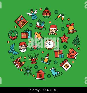 Weihnachten Symbole im Kreis Form linear Vector Illustration Stock Vektor