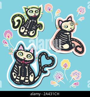 Die nahtlose Vektor Tag der Toten Skelett Katze Aufkleber mit Hand gezeichnet Knochen Katze und Blumen. Lustig und fröhlich Design für Ihre perfekte Party. Stock Vektor