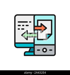 Gerät Daten übertragen, Datei Synchronisation flachbild Color Line Symbol. Stock Vektor