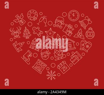 Xmas-Attribute in Herzform linear Vector Illustration Stock Vektor