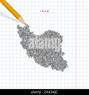 Iran Skizze scribble Karte auf karierten Schule notebook Papier Hintergrund dargestellt. Hand Vektor Karte von Iran gezeichnet. Realistische 3D-Bleistift. Stock Vektor