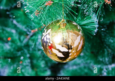 Gold Farbe hängt an einem Zweig von ist ein Neues Jahr Tannen. Branchen Weihnachten Lampe Kugel. Neues Jahr hintergrunddekoration Weihnachtsbaum grün Natur Chr Stockfoto