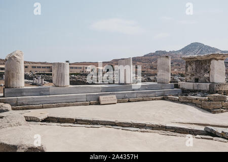 Agora des Deutschlands ('Agora der Italiener") auf der griechischen Insel Delos, archäologische Stätte in der Nähe von Mykonos in der Ägäis Kykladen Inseln. Se Stockfoto