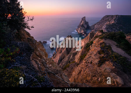 Praia da Ursa Strand bei Sonnenuntergang. Blumen im Vordergrund und surreale Landschaft. Sintra, Portugal, Europa. Atlantik Küste Landschaft Stockfoto