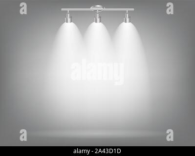 Realistische helle Projektoren Lampe Beleuchtung mit Strahlern Lichteffekte mit transparenten Hintergrund. Vector Illustration Stock Vektor