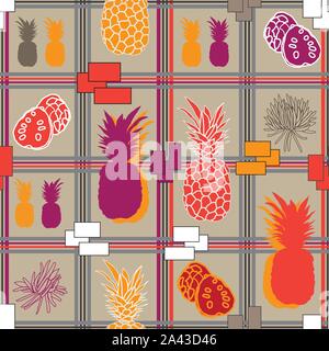 Tropische Früchte, Ananas Annona-Tartan Abstrakte nahtlose Muster wiederholen. Bunte Muster von Tartan Ananas Annona abstrakte Formen mit Rechteck Formen in orange, braun, violett, gelb, braue Schwarz Grau und Weiß Stock Vektor