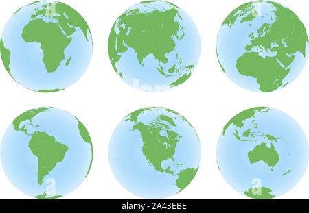 Satz von sechs Planeten Erde Globen mit grünem Land Karte Stock Vektor